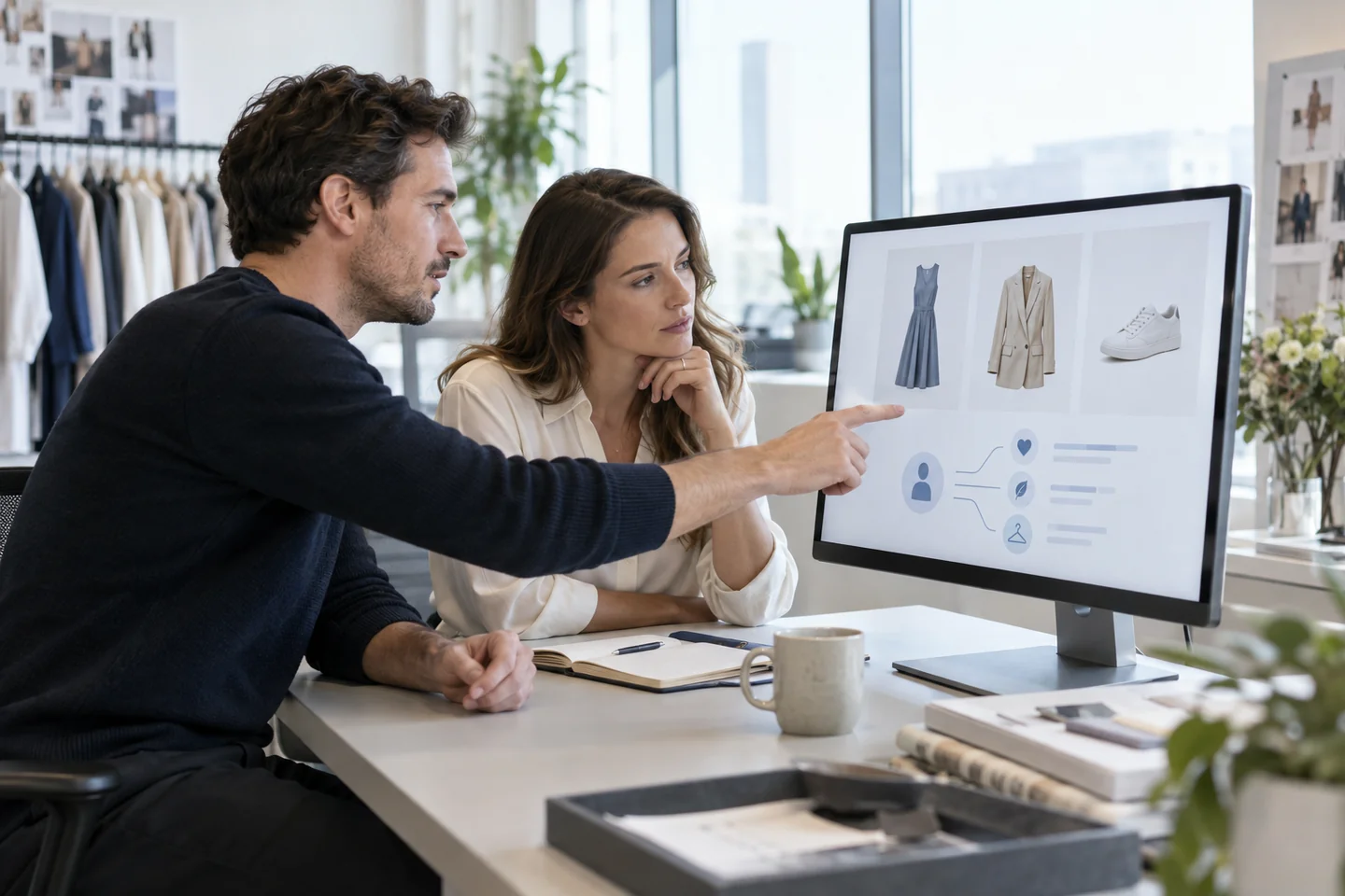 An e-commerce leader and an expert discussing fashion products and customer-choice reasons on a screen.