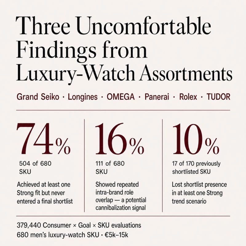 Three findings from luxury-watch assortments: 74% achieved strong fit but never entered a shortlist; 16% showed repeated intra-brand role overlap; 10% of previously shortlisted models lost presence in a strong trend scenario. Synthetic research across 680 watches.